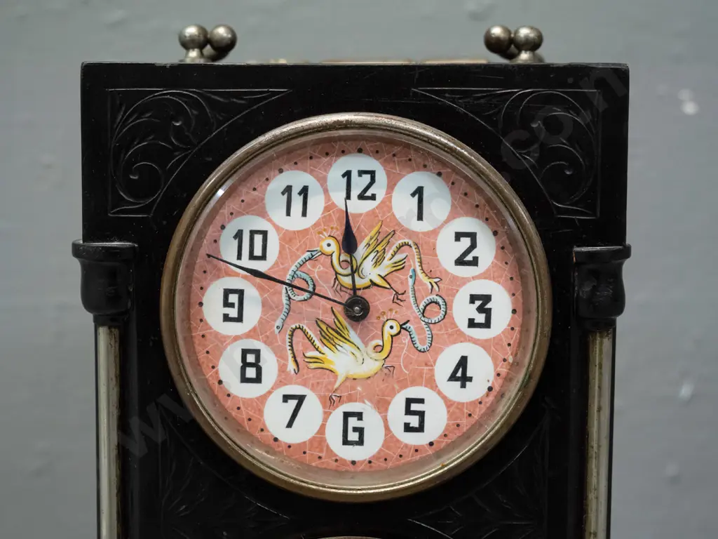 vintage wood-cased mantel clock & barometer - face with bird and snake decoration, carved timber case with columns, Image 1++