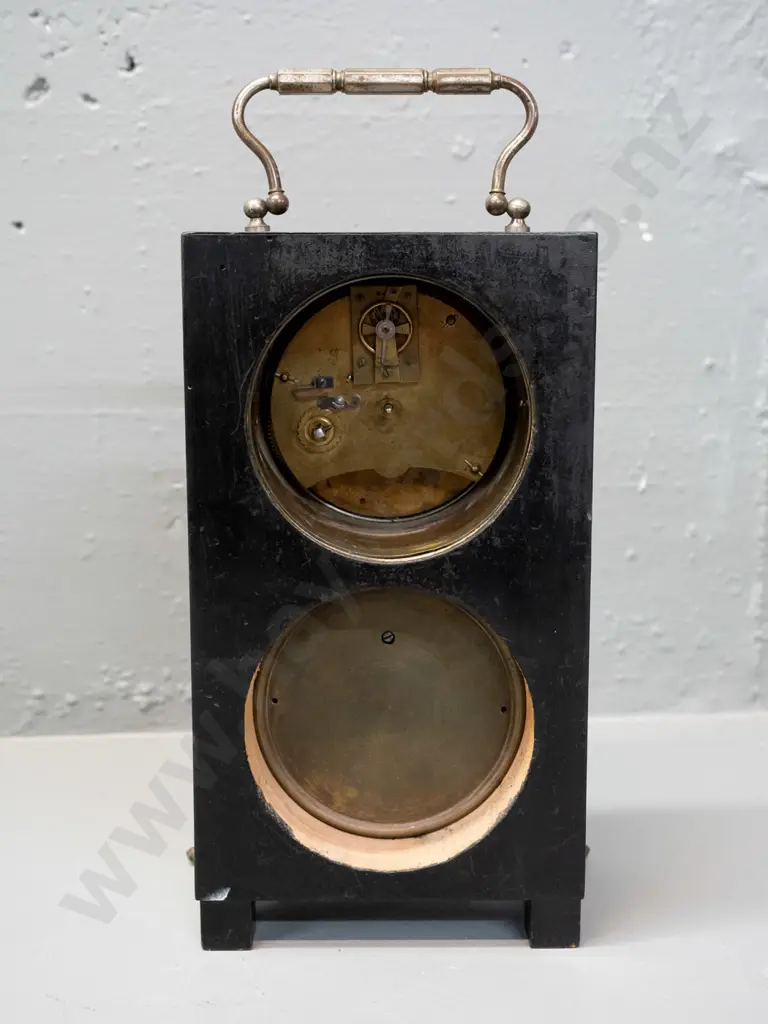 vintage wood-cased mantel clock & barometer - face with bird and snake decoration, carved timber case with columns, Image 1++