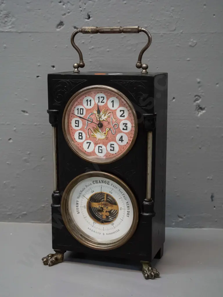 vintage wood-cased mantel clock & barometer - face with bird and snake decoration, carved timber case with columns, Image 1++