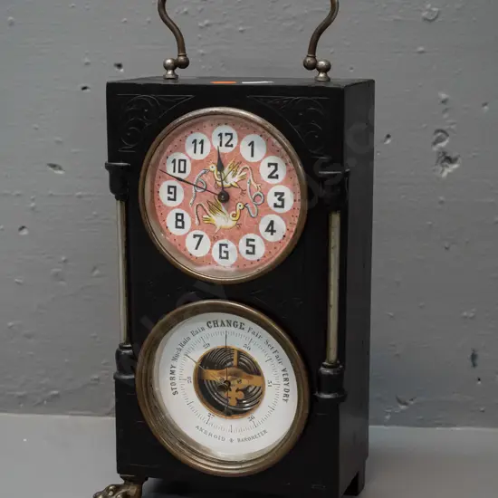 vintage wood-cased mantel clock & barometer - face with bird and snake decoration, carved timber case with columns,