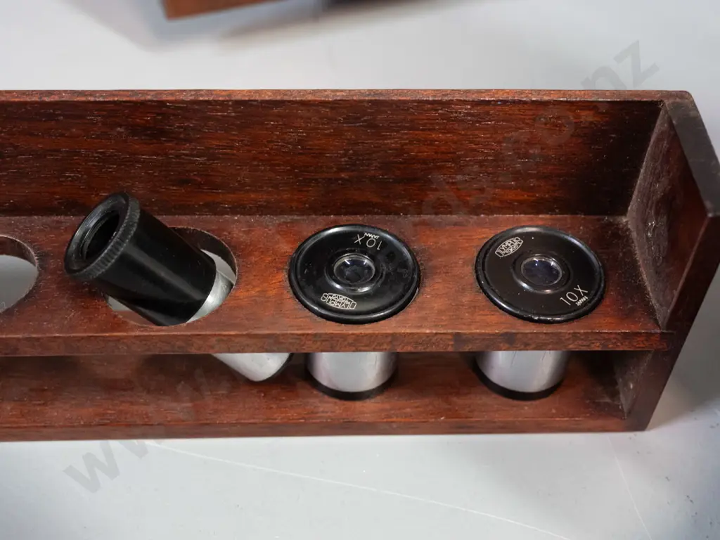 vintage cased Watson London "Service II" student microscope with University of Otago transfer, in wooden case. Wear to Image 1++