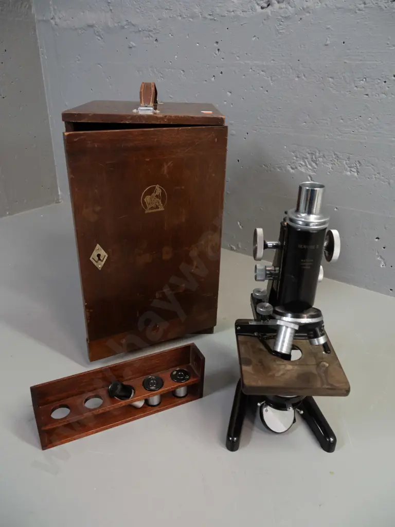 vintage cased Watson London "Service II" student microscope with University of Otago transfer, in wooden case. Wear to Image 1++