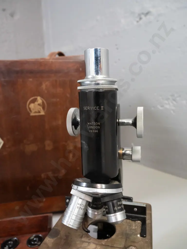 vintage cased Watson London "Service II" student microscope with University of Otago transfer, in wooden case. Wear to Image 1++