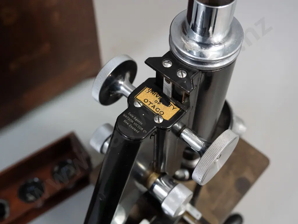 vintage cased Watson London "Service II" student microscope with University of Otago transfer, in wooden case. Wear to Image 1++