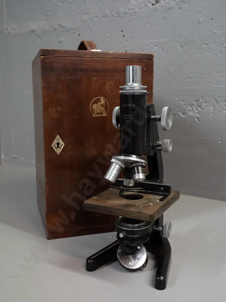 vintage cased Watson London "Service II" student microscope with University of Otago transfer, in wooden case. Wear to Image 1++