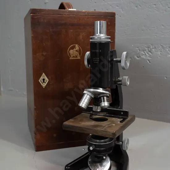 vintage cased Watson London "Service II" student microscope with University of Otago transfer, in wooden case. Wear to