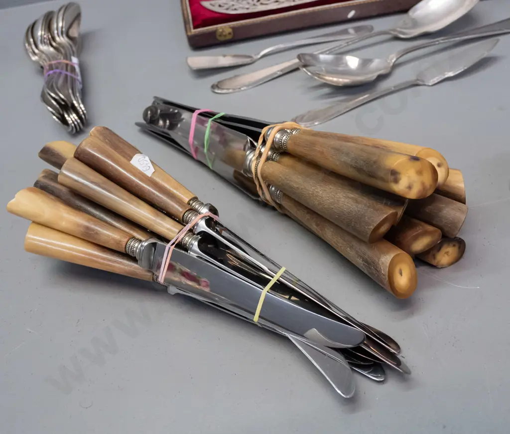 vintage WMF German cutlery - 12 place settings, 2 sizes of horn handled knives (not marked WMF) and cased set of French Image 1++