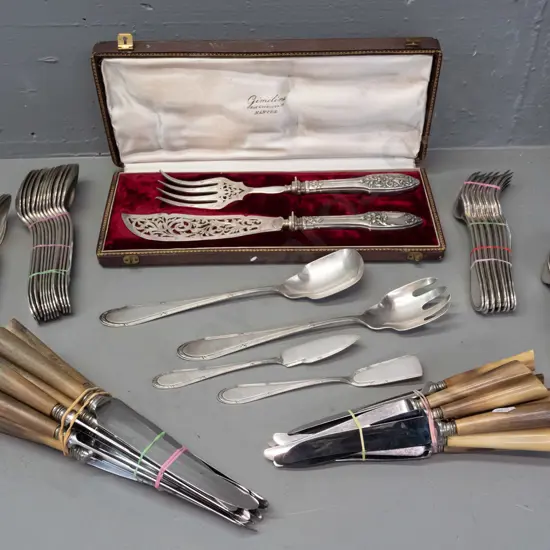 vintage WMF German cutlery - 12 place settings, 2 sizes of horn handled knives (not marked WMF) and cased set of French