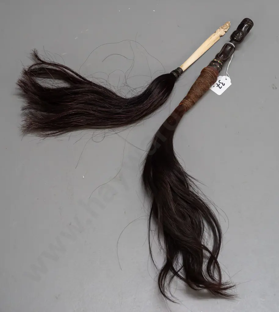 2 African fly whisks - one with carved wood handle, beads, cord binding and animal hair L-500, other with carved bone & Image 1++