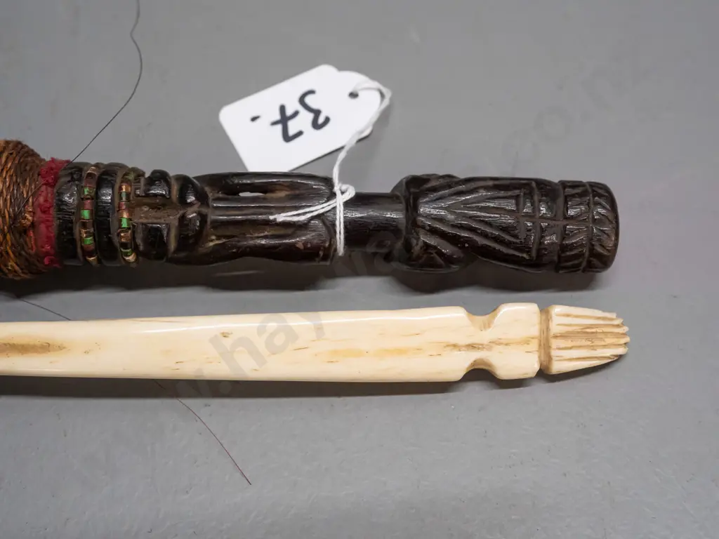 2 African fly whisks - one with carved wood handle, beads, cord binding and animal hair L-500, other with carved bone & Image 1++