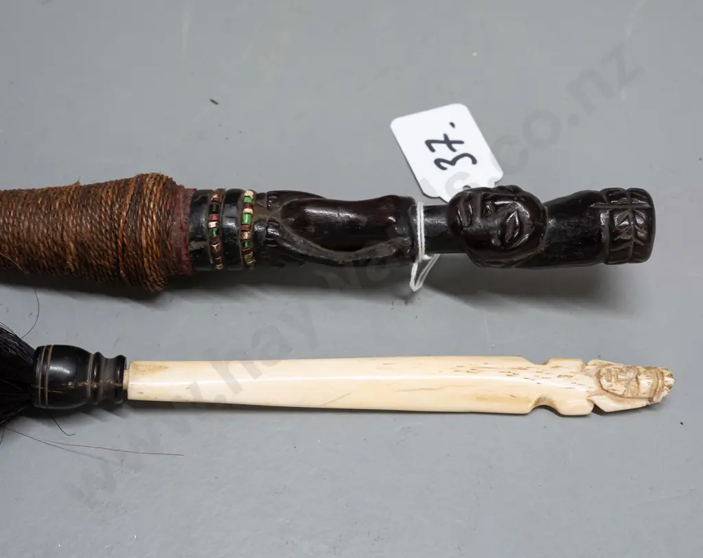 2 African fly whisks - one with carved wood handle, beads, cord binding and animal hair L-500, other with carved bone & Image 1++