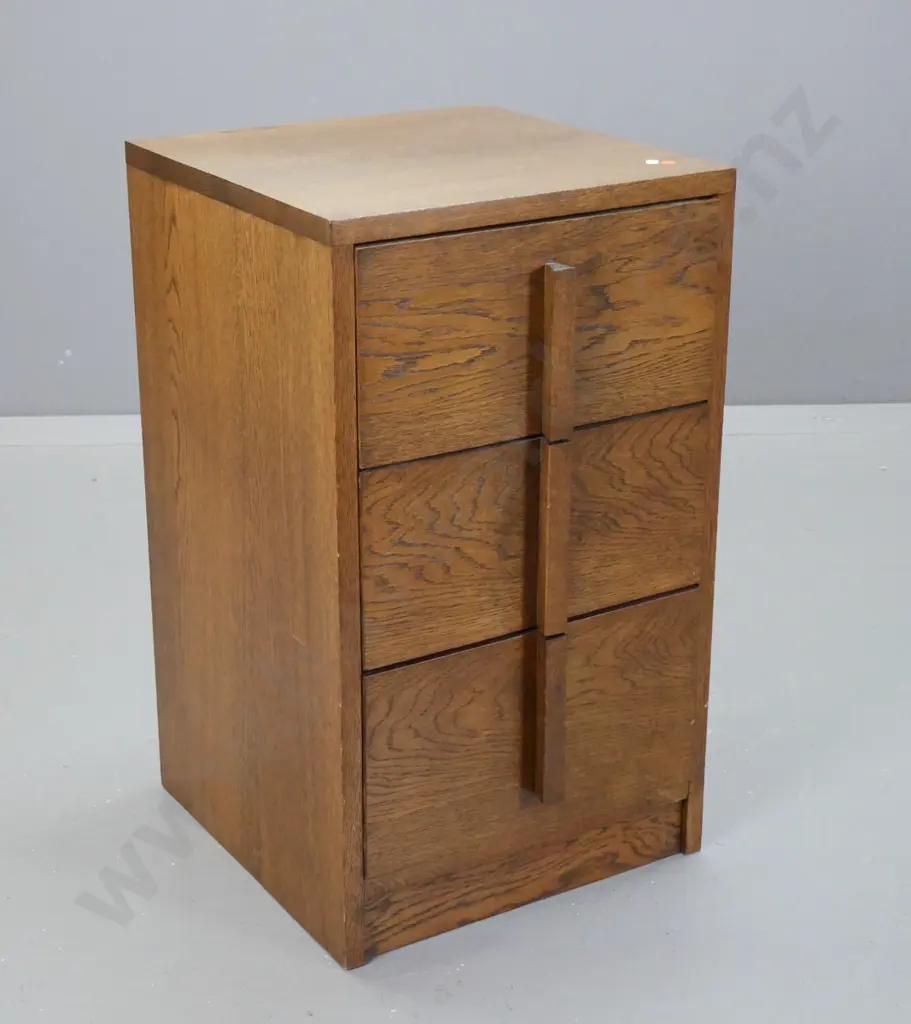 deco oak 3-drawer bedside cabinet with vertical wooden handles - replaced drawer interiors and back, some fading and Image 1++