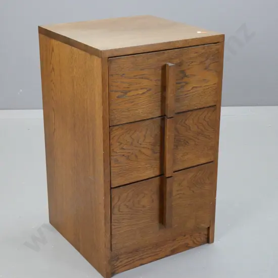 deco oak 3-drawer bedside cabinet with vertical wooden handles - replaced drawer interiors and back, some fading and