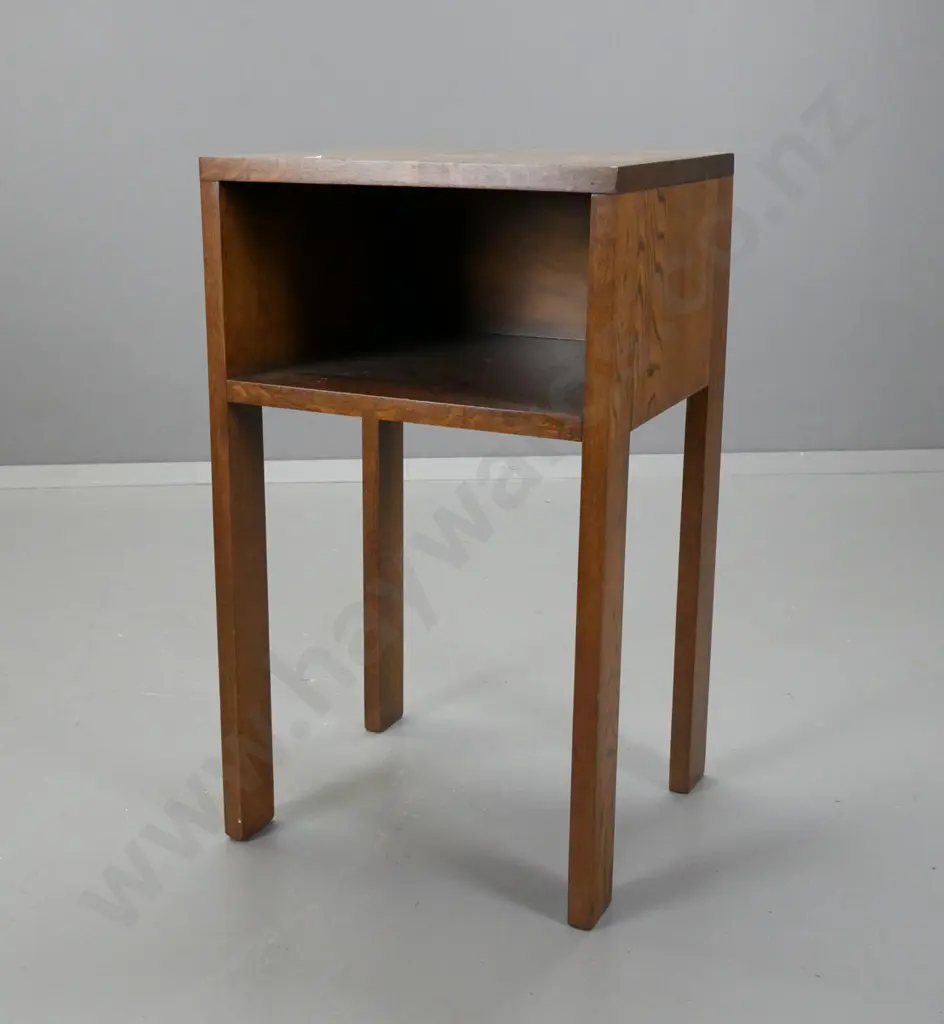 vintage oak open shelf bedside or end table - some staining & scratching to top H-690 W-410 D-360 Image 1++