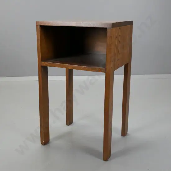 vintage oak open shelf bedside or end table - some staining & scratching to top H-690 W-410 D-360