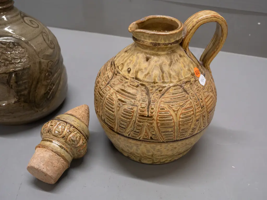 2 heavy studio pottery stoppered jugs - handled and incised gold and brown with unknown "R" maker's mark and unusual Image 1++