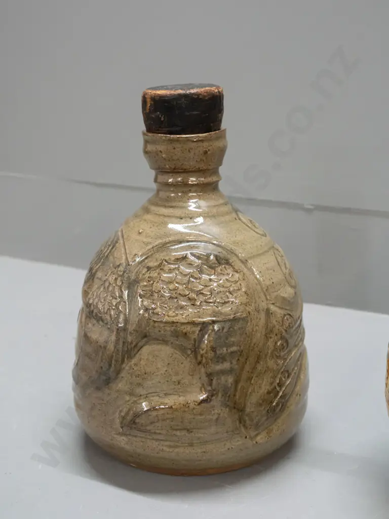 2 heavy studio pottery stoppered jugs - handled and incised gold and brown with unknown "R" maker's mark and unusual Image 1++