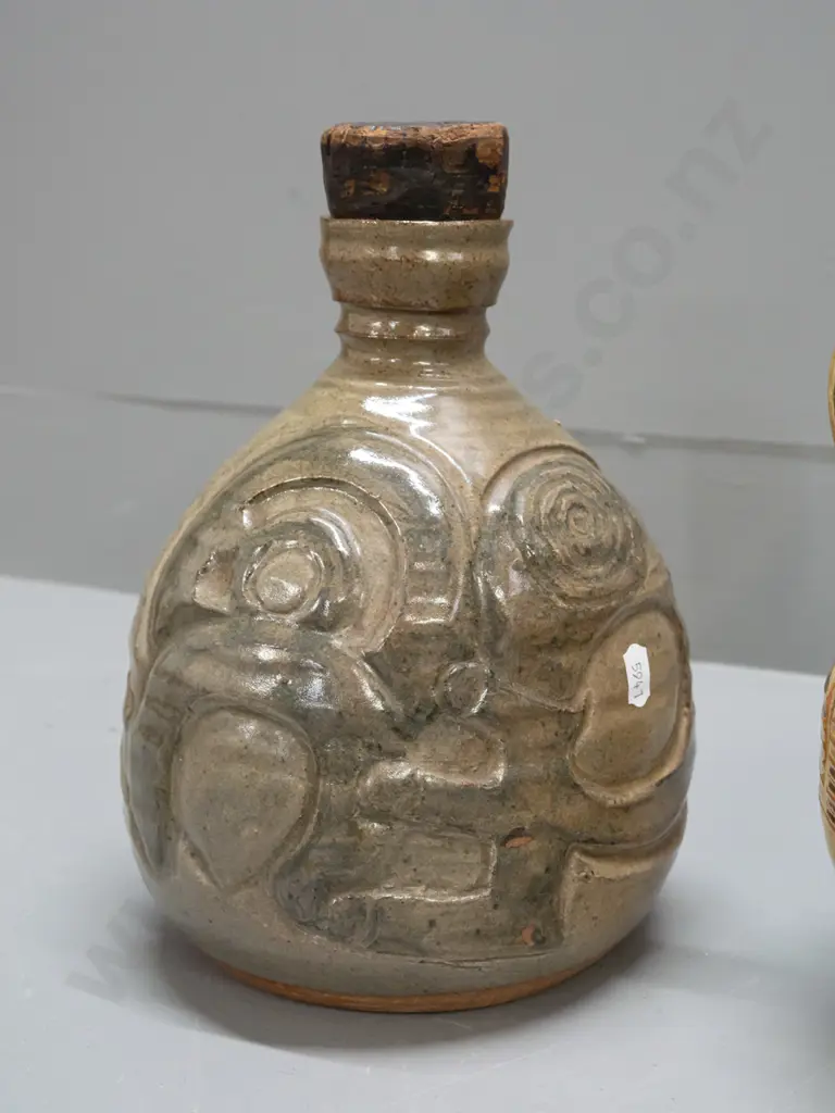 2 heavy studio pottery stoppered jugs - handled and incised gold and brown with unknown "R" maker's mark and unusual Image 1++