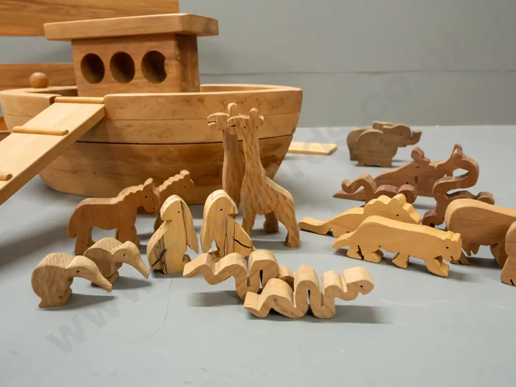 Handcrafted Noah's Ark set in mixed New Zealand timbers, made by Anne & Michael Brown, Mairangi Bay - with 17 pairs of Image 1++