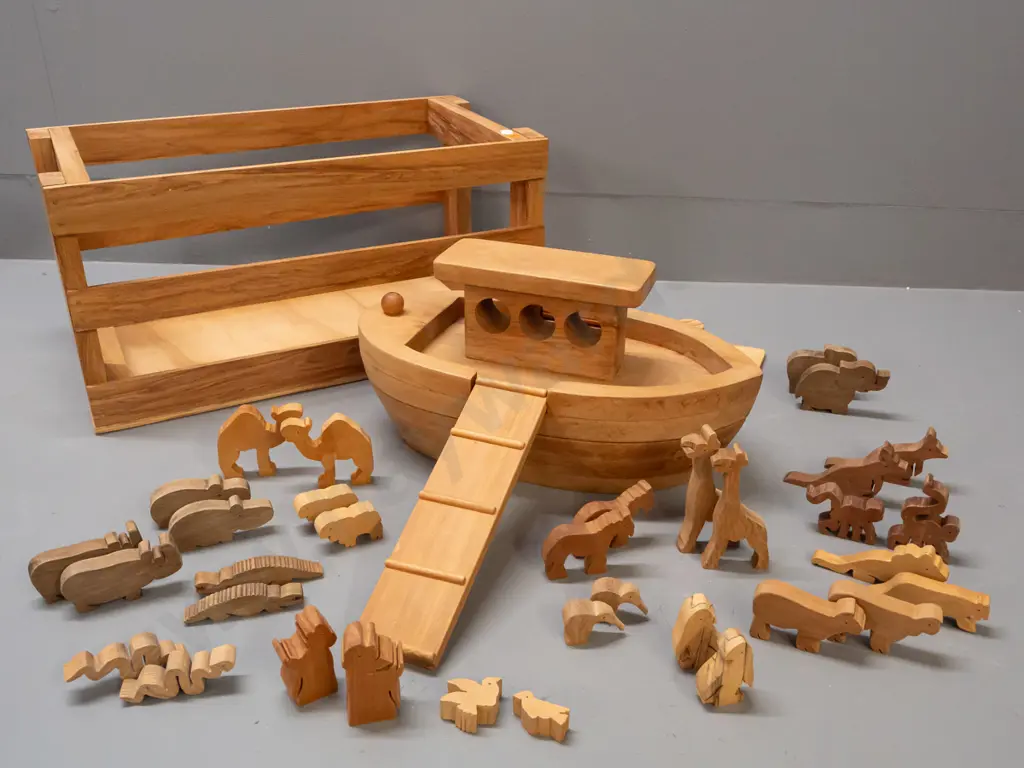 Handcrafted Noah's Ark set in mixed New Zealand timbers, made by Anne & Michael Brown, Mairangi Bay - with 17 pairs of Image 1++