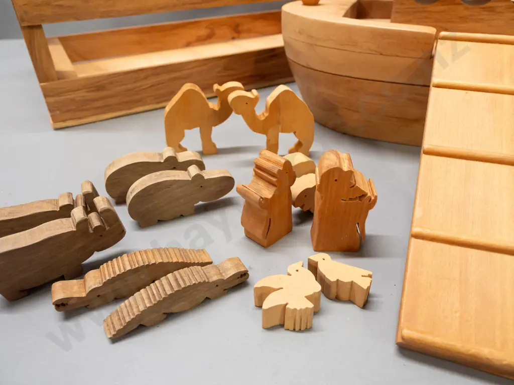 Handcrafted Noah's Ark set in mixed New Zealand timbers, made by Anne & Michael Brown, Mairangi Bay - with 17 pairs of Image 1++