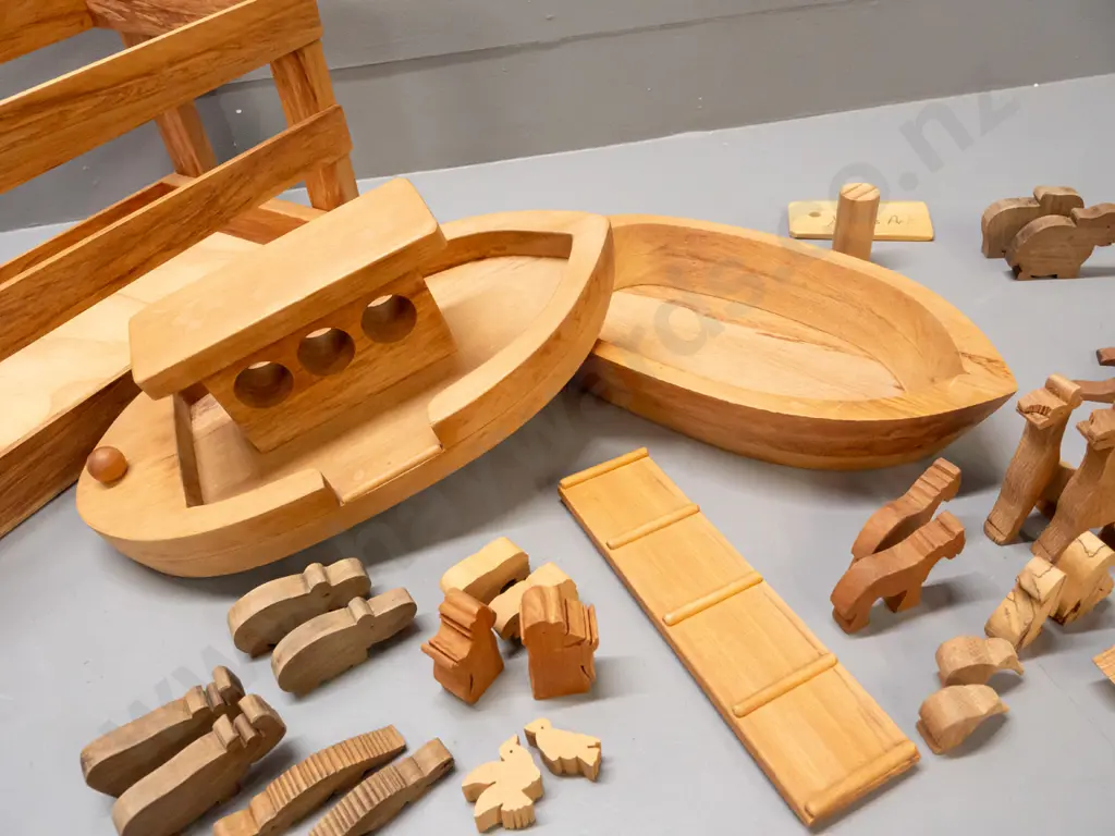 Handcrafted Noah's Ark set in mixed New Zealand timbers, made by Anne & Michael Brown, Mairangi Bay - with 17 pairs of Image 1++