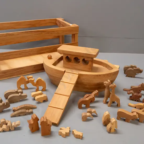 Handcrafted Noah's Ark set in mixed New Zealand timbers, made by Anne & Michael Brown, Mairangi Bay - with 17 pairs of