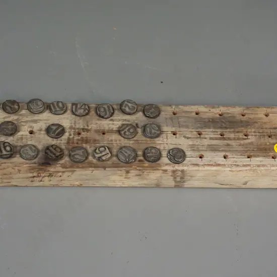 21 vintage railway sleeper date marker nails in wooden holder L-425