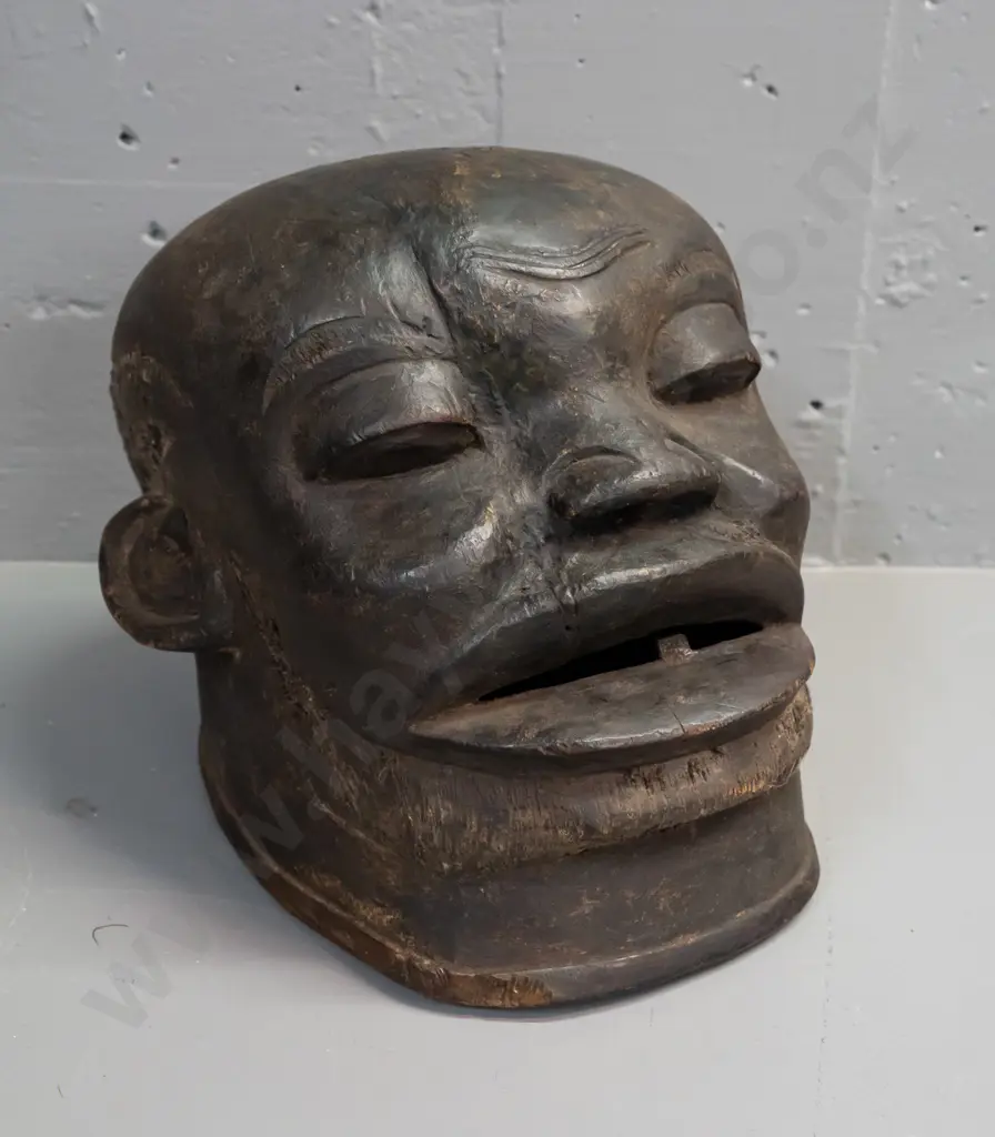 African carved wood helmet mask - from Mokonde, Tanzania - some age wear, splitting in top H-240 W-270 Image 1++