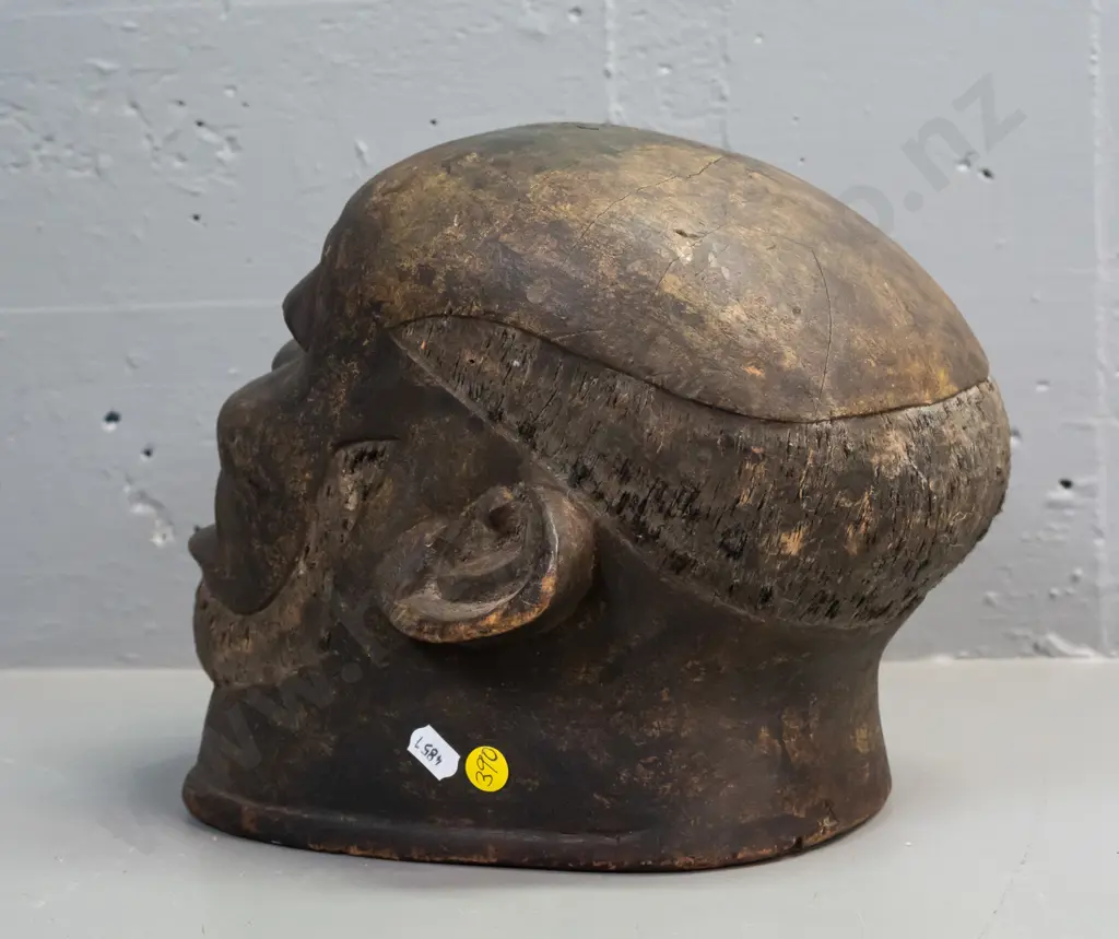 African carved wood helmet mask - from Mokonde, Tanzania - some age wear, splitting in top H-240 W-270 Image 1++