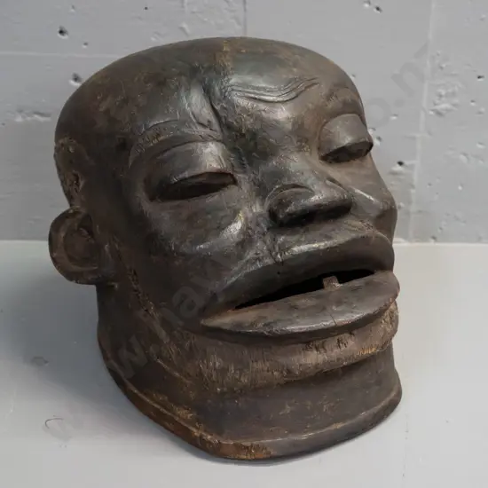 African carved wood helmet mask - from Mokonde, Tanzania - some age wear, splitting in top H-240 W-270