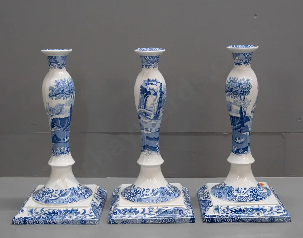 3 Spode Italian pattern large candlesticks H-330 Base is 165 x 165 Image 1++