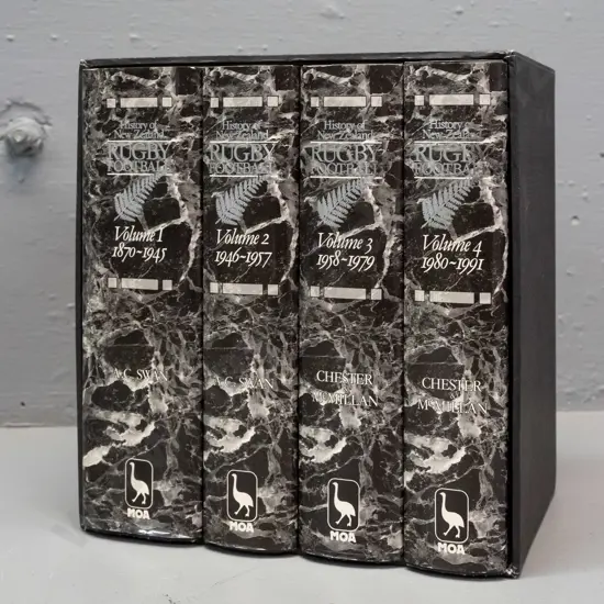 4- volume slip-cased set - The History of New Zealand Rugby Football from 1870 to 1991 - published 1992 by Moa - minor