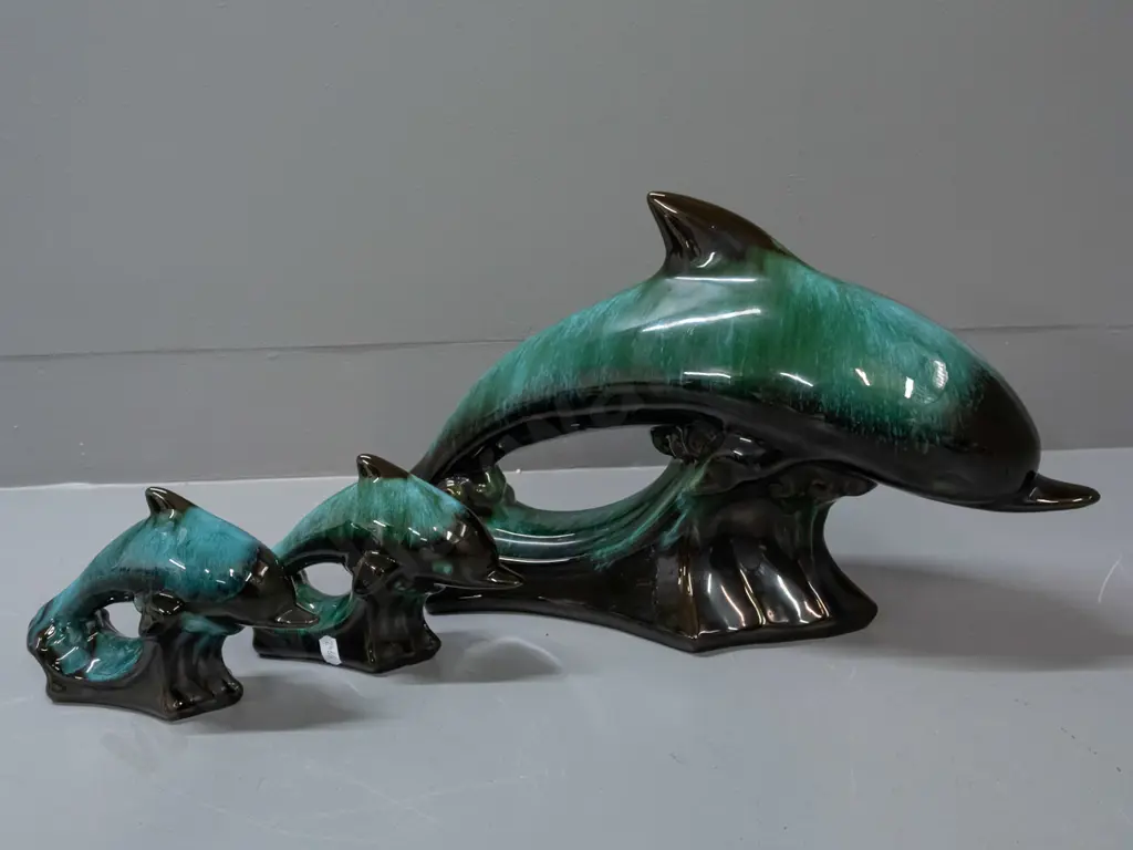 3 Blue Mountain pottery leaping dolphins - large H-250 L-410 (some sticker residue) and a pair of small Image 1++