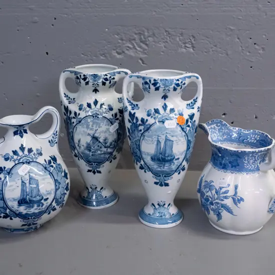 3 Delft blue & white vases and a Copeland Spode Camilla jug. Taller pair are H-240 W-120 at handles