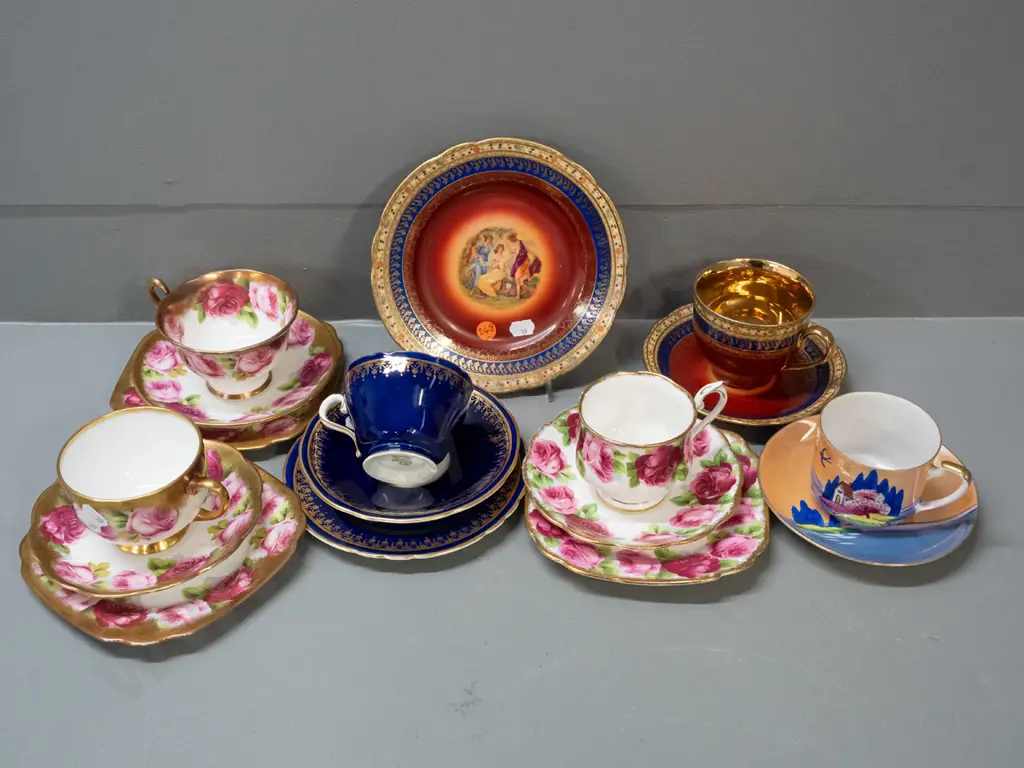 5 china trios and a cup & saucer - Royal Albert Old English Rose, 2 are heavy gilt, Aynlsey blue & gilt, Czech scenic Image 1++