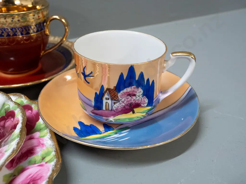 5 china trios and a cup & saucer - Royal Albert Old English Rose, 2 are heavy gilt, Aynlsey blue & gilt, Czech scenic Image 1++