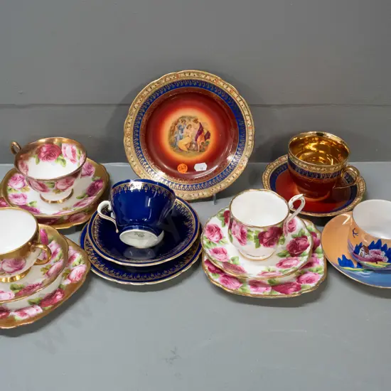 5 china trios and a cup & saucer - Royal Albert Old English Rose, 2 are heavy gilt, Aynlsey blue & gilt, Czech scenic