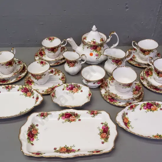 Royal Albert "Old Country Roses" tea set with teapot, sandwich plate, 2 jugs, sugar bowl, 5 trios, spare cup and plate