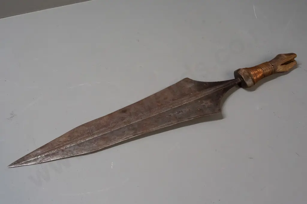 Mangbetu knife, Democratic Republic of Congo - broken wood handle has been re-bound with copper wire, corrosion to blade Image 1++