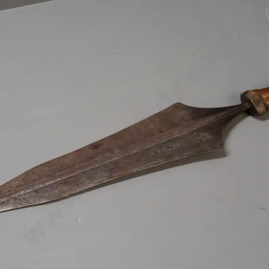 Mangbetu knife, Democratic Republic of Congo - broken wood handle has been re-bound with copper wire, corrosion to blade
