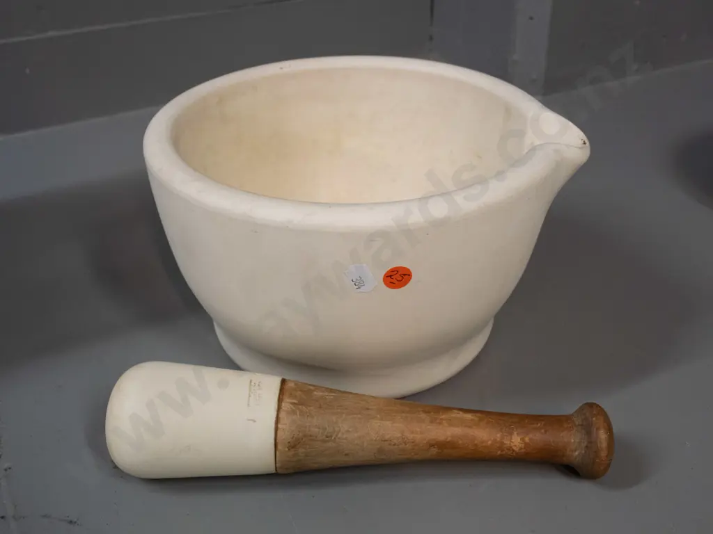large mortar and wood-handled pestle - both pieces marked Wedgwood H-140 W-250 Image 1++