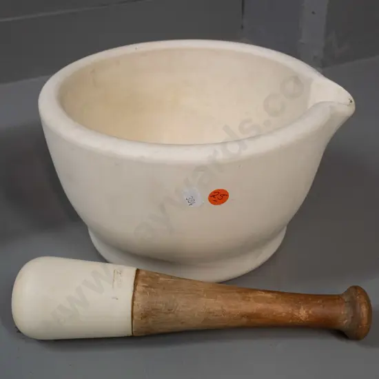 large mortar and wood-handled pestle - both pieces marked Wedgwood H-140 W-250