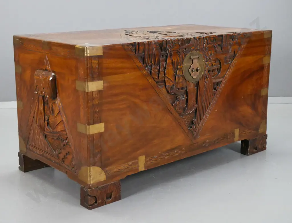 vintage Chinese carved camphorwood chest with brass strapping and corners w/ carved block side handles and feet, shaped Image 1++