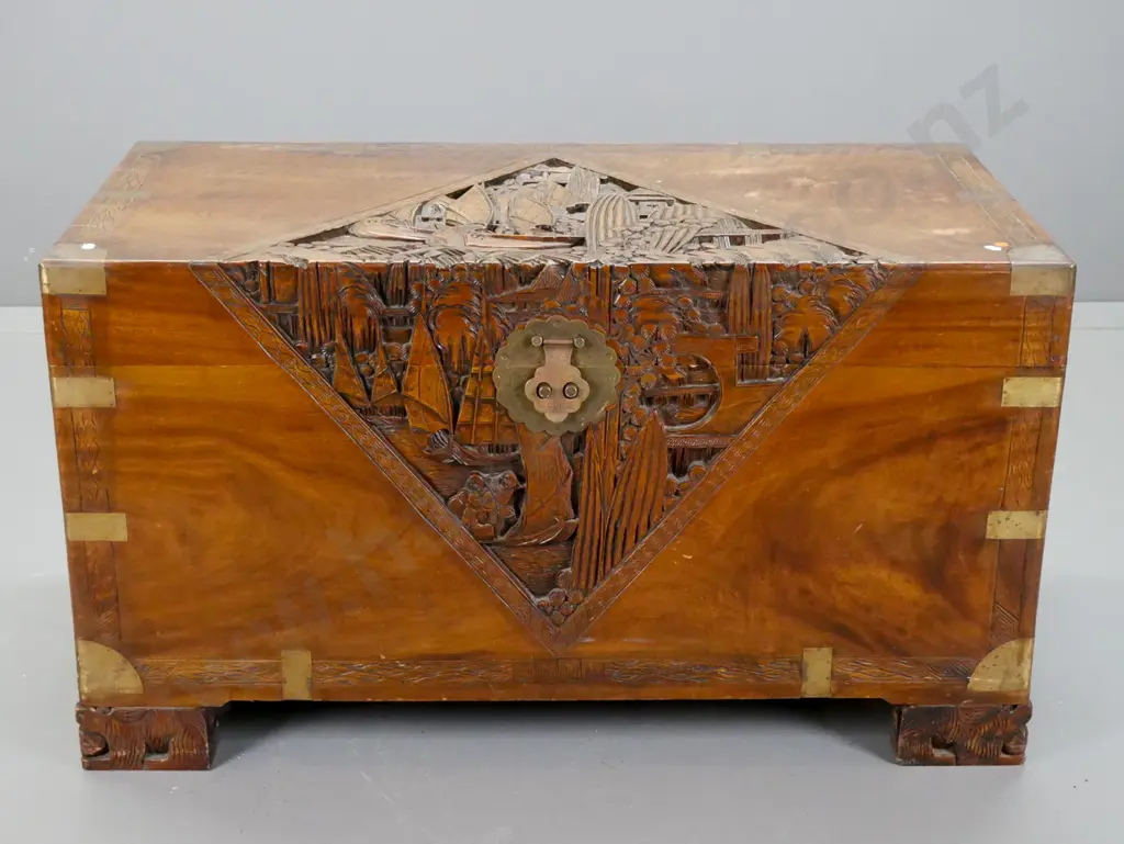 vintage Chinese carved camphorwood chest with brass strapping and corners w/ carved block side handles and feet, shaped Image 1++