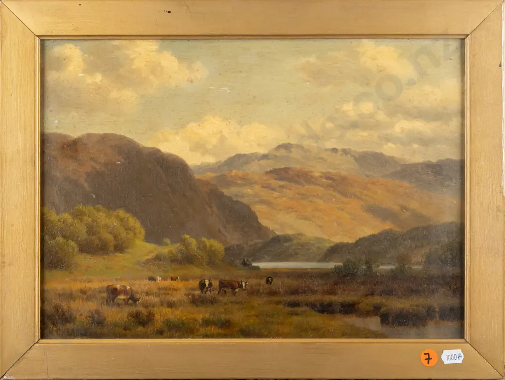 Henry Cheadle - framed oil - cattle grazing by lake H240 W350 (foxing) H Image 1++