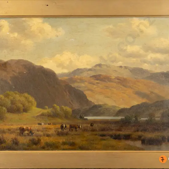 Henry Cheadle - framed oil - cattle grazing by lake H240 W350 (foxing) H