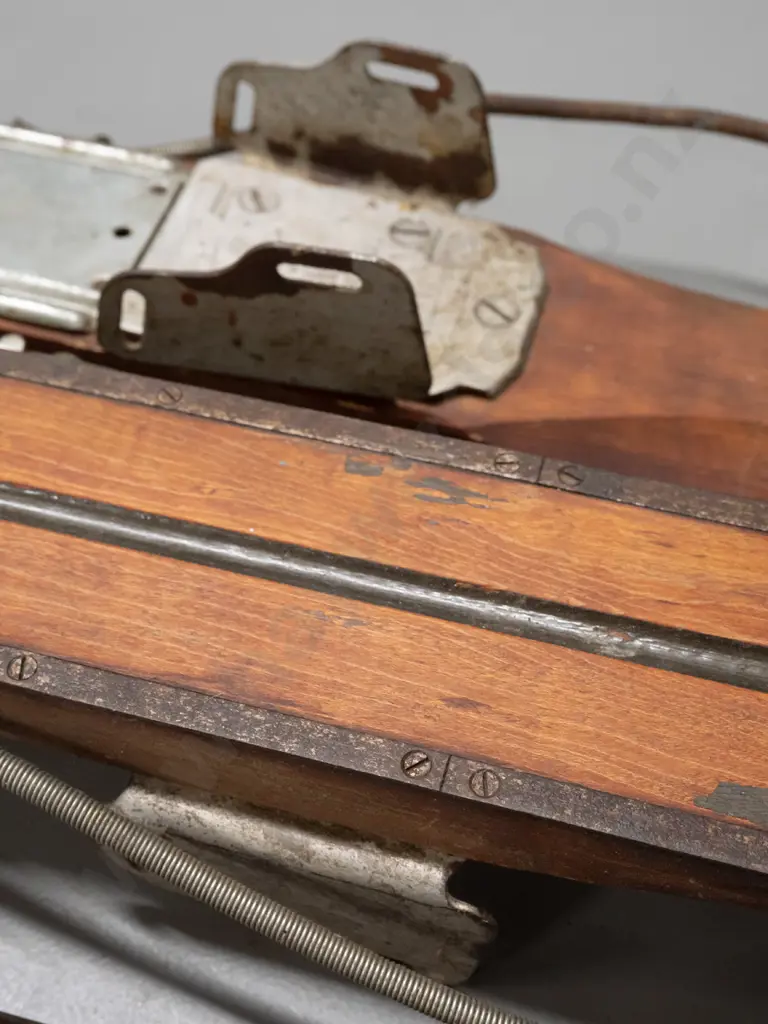 pair of vintage alpine skis, timber w/ metal edging & SkiRite Toronto/Willi Walch Austria bindings. Decal reads Image 1++