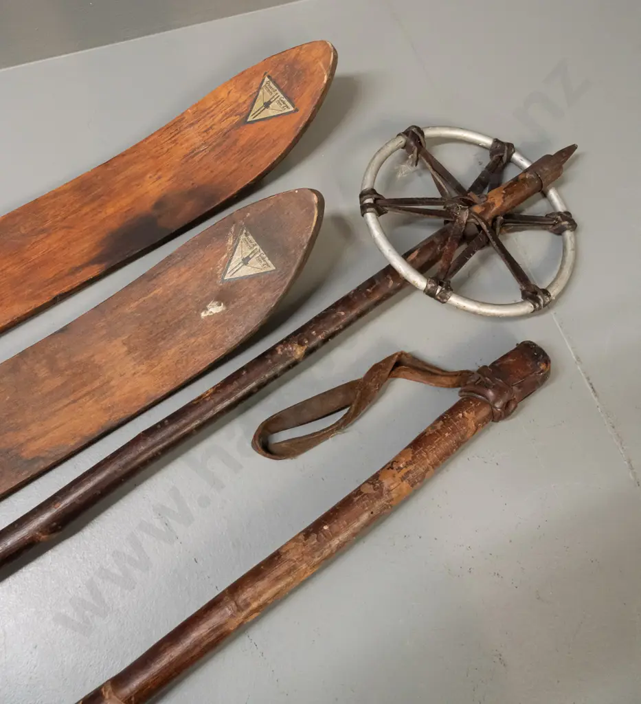 pair of vintage alpine skis, timber w/ metal edging & SkiRite Toronto/Willi Walch Austria bindings. Decal reads Image 1++