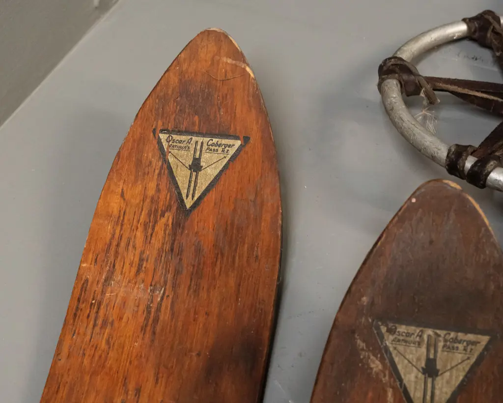 pair of vintage alpine skis, timber w/ metal edging & SkiRite Toronto/Willi Walch Austria bindings. Decal reads Image 1++